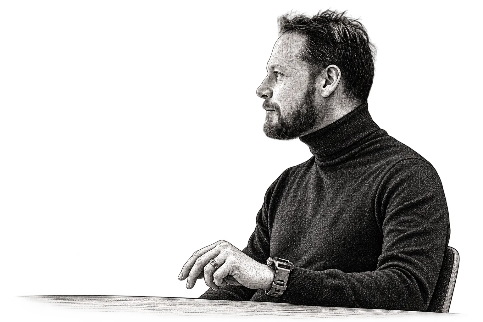 Blekkillustrasjon av Lars Erlend Leganger sittende ved et bord
