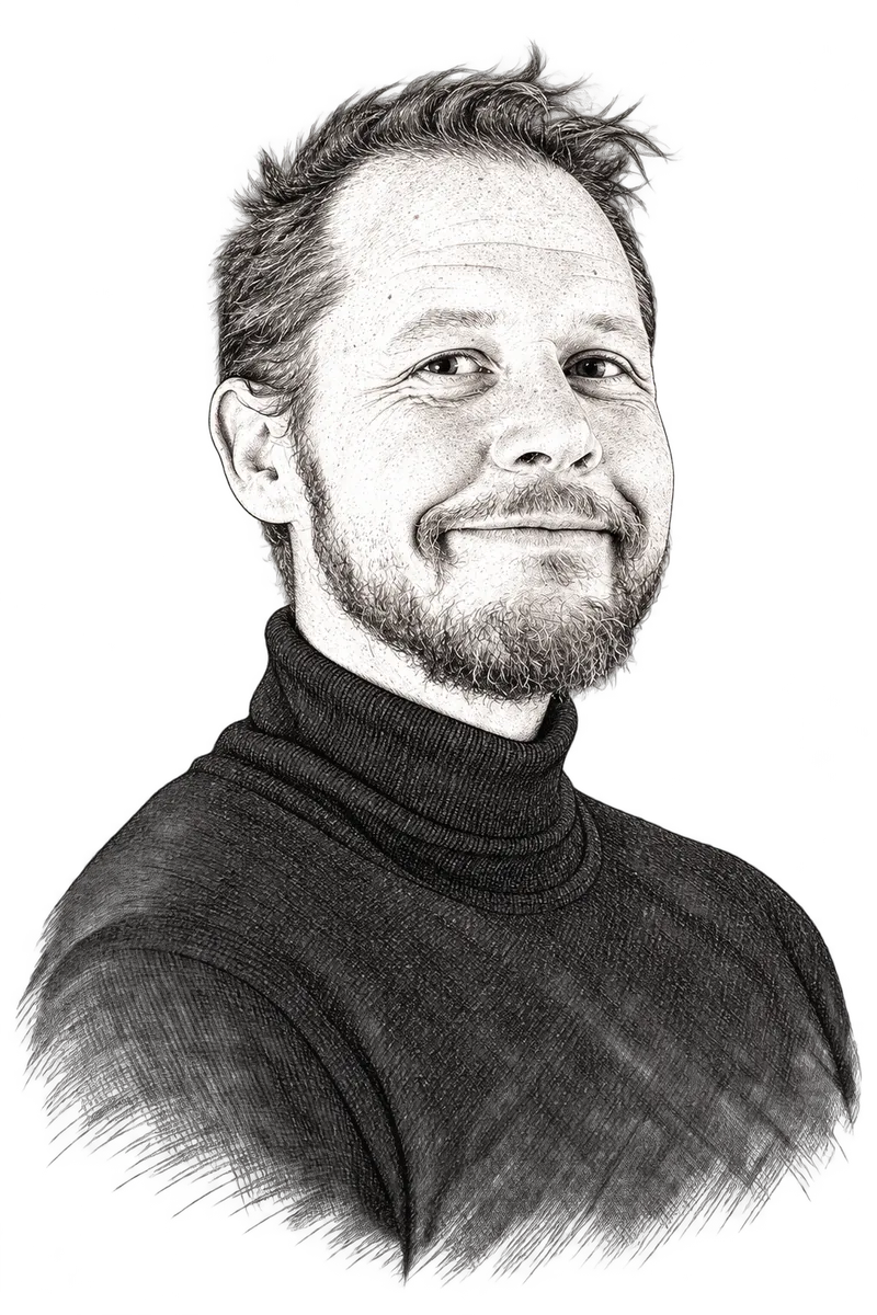 Illustrert portrett av Lars Erlend Leganger med fine blekkstreker og skravering